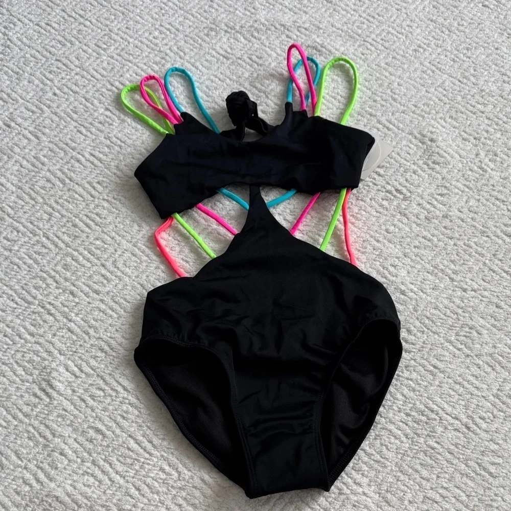 NWT Peixoto Kids Swim One Piece in Black with Neon Straps Sz 8